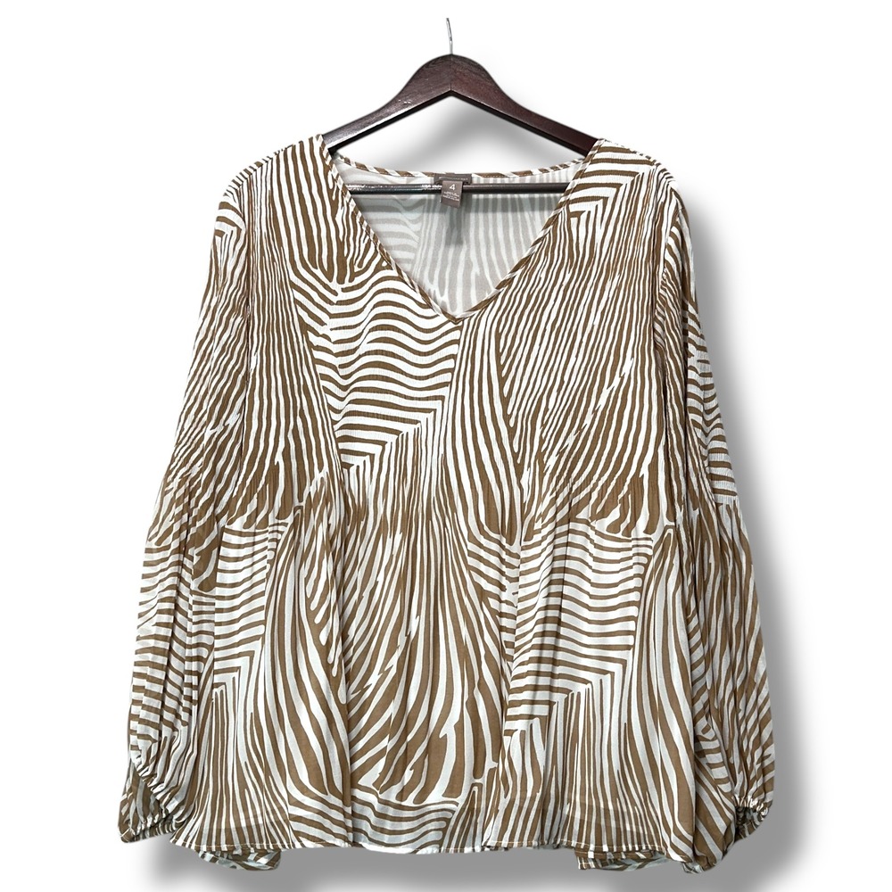 Chico's Pleated Blouse 4/XXL Abstract Print Brown White Textured Top Boho Resort